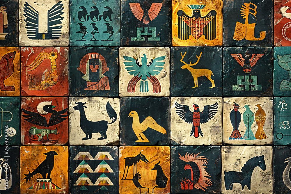 Obraz premium Vibrant tribal icons on rustic square tiles