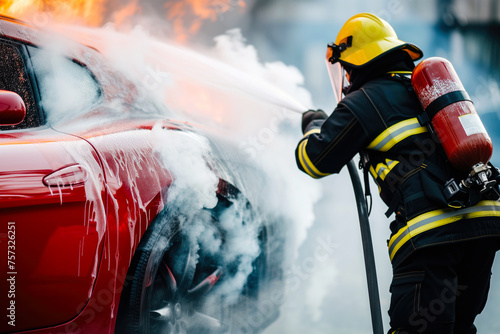 A firefighter using a fire extinguisher to put out a sport car