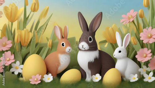 Festive easter illustration with bunny, patterned eggs, and flowers