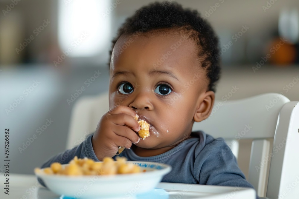 Afroamerican baby eating. Care kid. Generate Ai Afroamerican baby eating. Care kid. Generate Ai