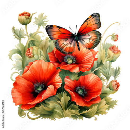 Wallpaper Mural botanical illustration, vivid moths with striking patterns are seen exploring the rich scarlet poppies in full bloom. Torontodigital.ca