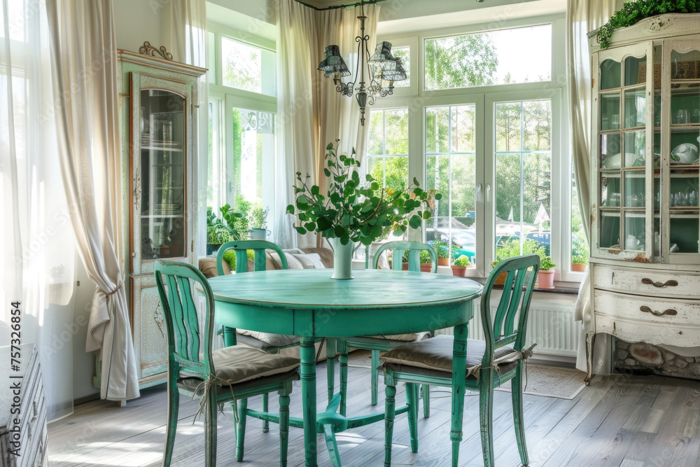 Rustic, vintage furniture, table and chairs of various bright colors in the dining room with large windows.