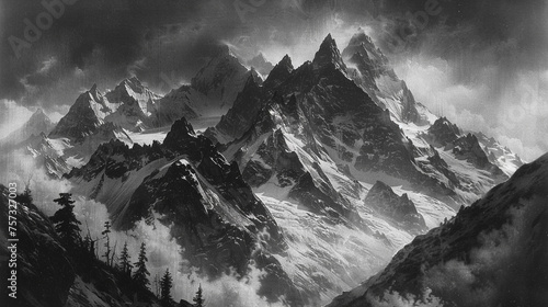 An image of snow capped mountains in black and white style. Monochrome image.  © Aisyaqilumar
