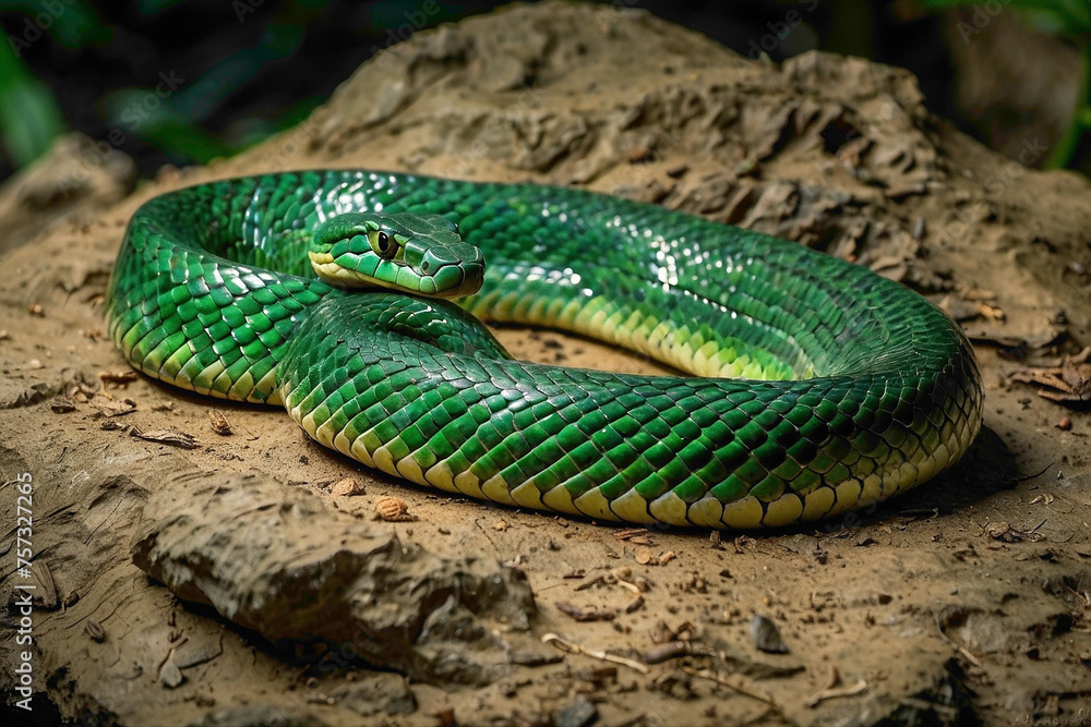 Fototapeta premium Sleek and sinuous, snakes slither through the world with a grace that defies gravity, their iridescent scales shimmering like liquid silk as they navigate the hidden realms of earth and sky, embodying