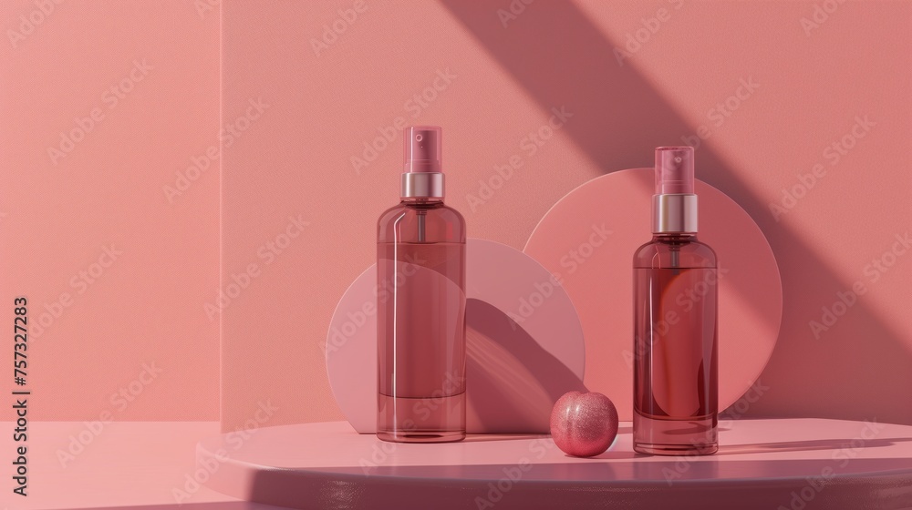 A mockup of an elegant bottle of toner, placed on a minimalistic podium with a pastel pink background with soft lighting. Generated by artificial intelligence. A mockup of an elegant bottle of toner, placed on a minimalistic podium with a pastel pink background with soft lighting. Generated by artificial intelligence.