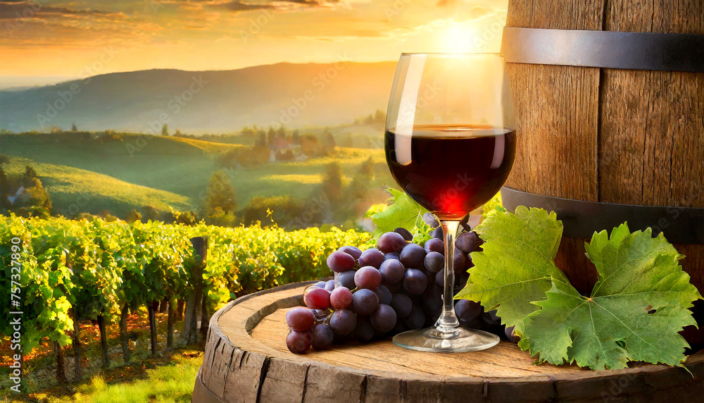Closeup of a glass of red wine and a bunch of ripe red grapes with green vine leaves above an old wooden barrel. In the background vineyards on the hills at sunrise or sunset. Generative Ai.