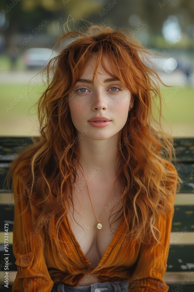 red haired woman with curls relaxes on a park bench red haired woman with curls relaxes on a park bench