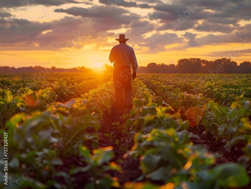 A man in a hat walks through a field of crops. The sun is setting, casting a warm glow over the scene © Bussakon