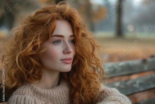 red haired woman with curls relaxes on a park bench