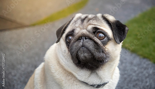 pug dog with gray fur exposing only half of head.