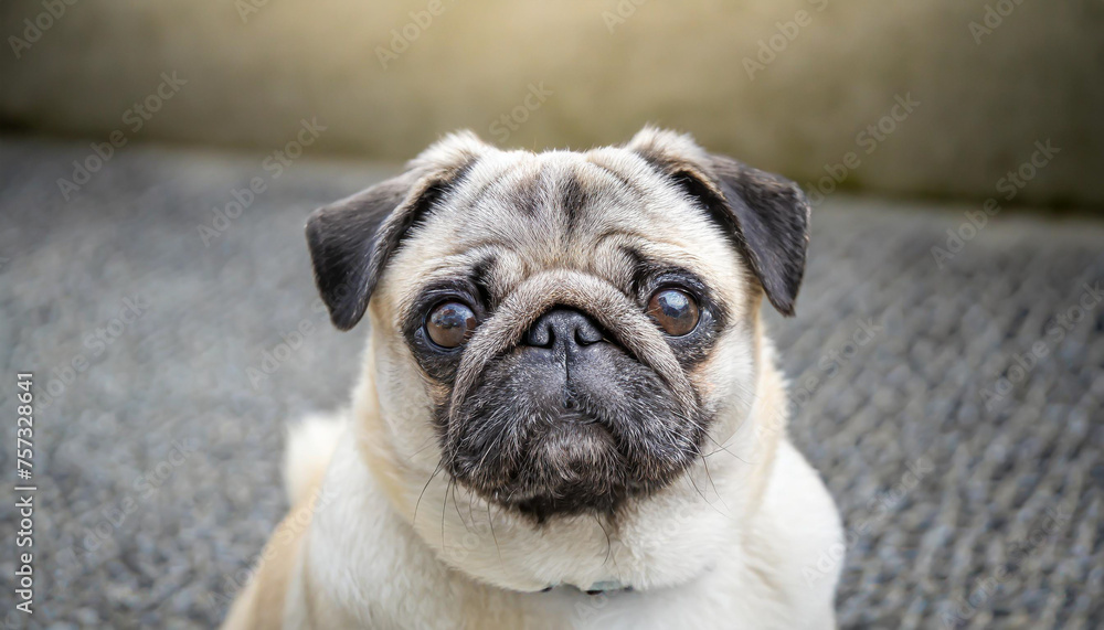 pug dog with gray fur exposing only half of head.