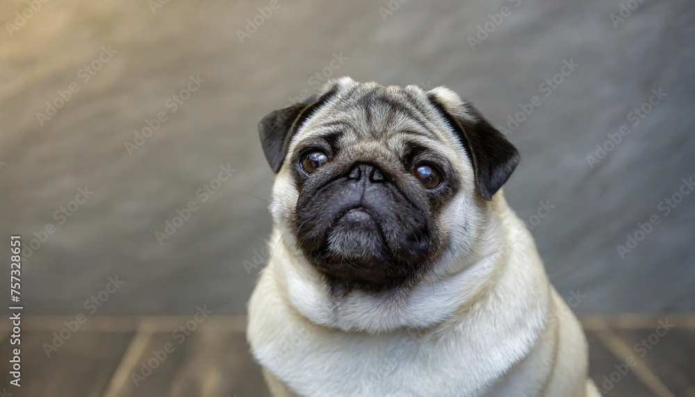 pug dog with gray fur exposing only half of head.