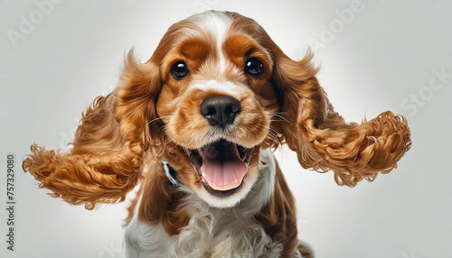 Pure youth crazy. English cocker spaniel young dog is posing. Cute playful white-braun doggy or pet is playing and looking happy isolated on white background. Concept of motion, action, movement