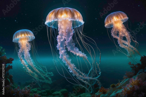 In the ethereal realm of the ocean's depths, the jellyfish floats with delicate grace, its translucent form pulsating rhythmically like a celestial dancer, casting an enchanting glow that illuminates  © Zahid