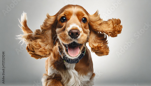 Pure youth crazy. English cocker spaniel young dog is posing. Cute playful white-braun doggy or pet is playing and looking happy isolated on white background. Concept of motion, action, movement