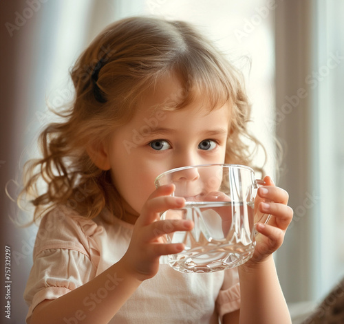 Cute little girl drinking water outdoors