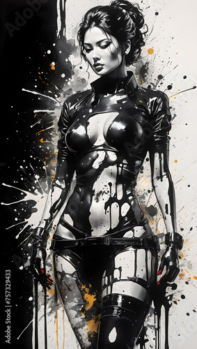 Artistic image of a confident woman in latex. Black and White paint splashed on a woman's body.