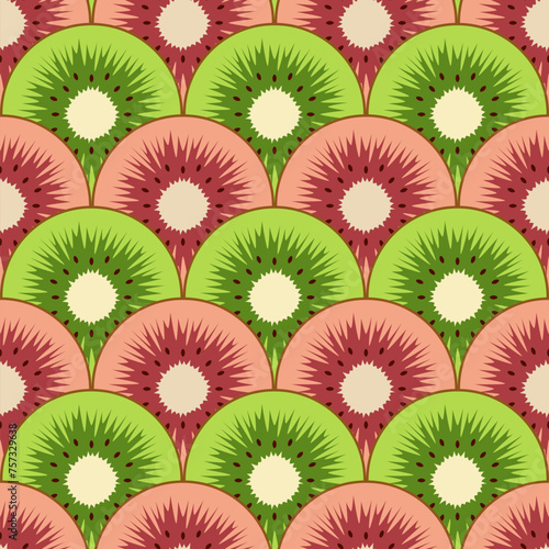 Seamless pattern with cut green and red kiwi fruit. Vector colorful background.