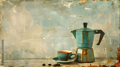 A blue coffee pot and a coffee cup on a saucer sit on a table, serving as drinkware and adding an artistic touch to the room