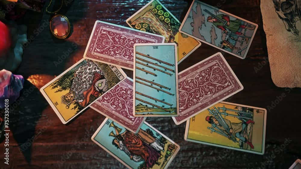 Tokyo, Japan - July 10, 2020. Mysterious magic esoteric card reading ritual predicting achievement of dreams. Interpreting mysterious magic deck forecasting dreams. Mysterious magic dreams divination. Tokyo, Japan - July 10, 2020. Mysterious magic esoteric card reading ritual predicting achievement of dreams. Interpreting mysterious magic deck forecasting dreams. Mysterious magic dreams divination.
