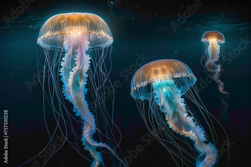 In the ethereal realm of the ocean's depths, the jellyfish floats with delicate grace, its translucent form pulsating rhythmically like a celestial dancer, casting an enchanting glow that illuminates  © Zahid
