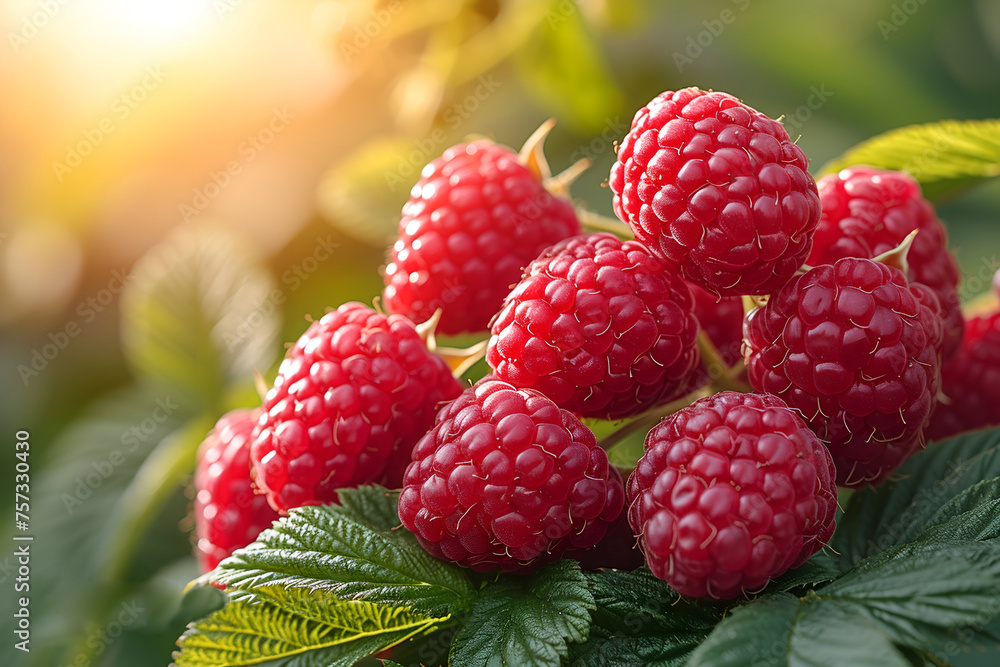 Branch of ripe raspberries in garden. Red sweet berries growing on raspberry bush in fruit garden.