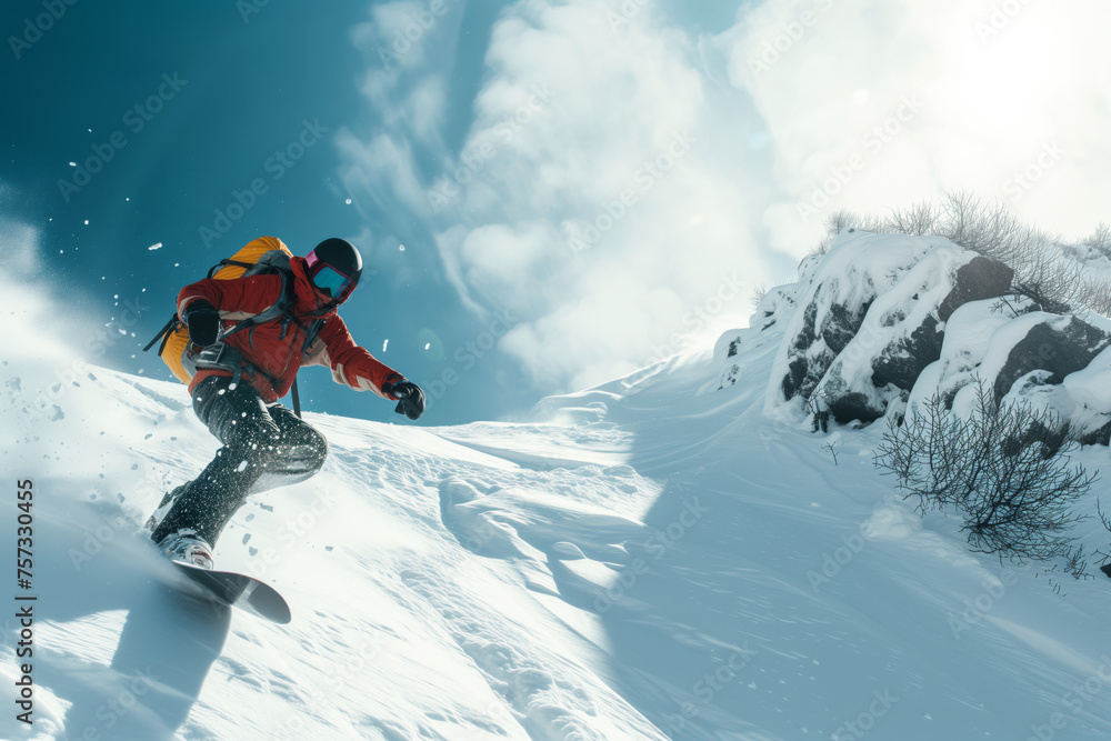 Person practices freeriding on a snowboard in the mountains