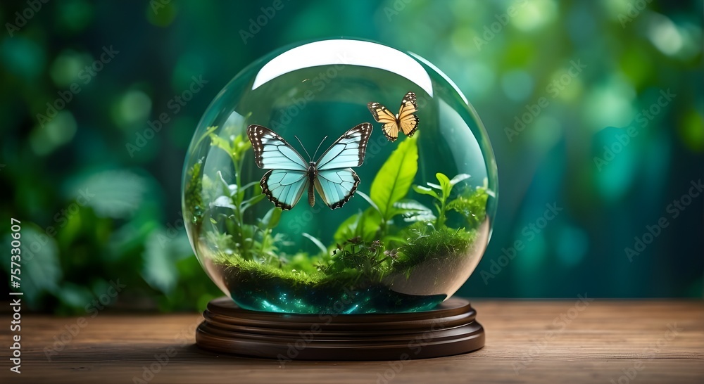 Concept of World Environment Day. Glass globe with a butterfly. the circular economy sustainable energy. objectives for sustainable development. Ecological and sustainable concepts, renewable energy, Concept of World Environment Day. Glass globe with a butterfly. the circular economy sustainable energy. objectives for sustainable development. Ecological and sustainable concepts, renewable energy,
