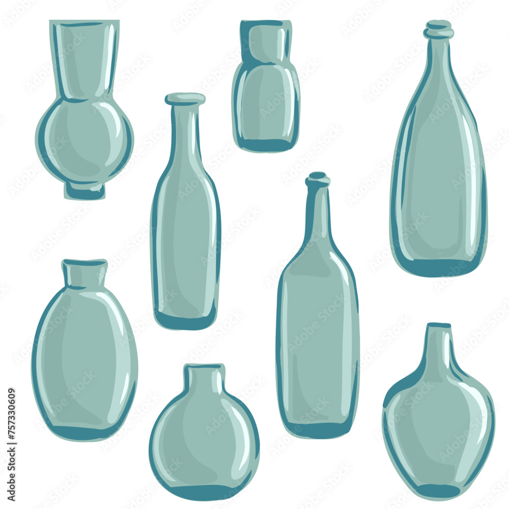 vector drawing glass bottles and vases isolated at white background, hand drawn illustration vector drawing glass bottles and vases isolated at white background, hand drawn illustration
