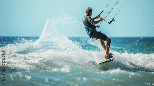 Man practices kitesurfing on the sea photo