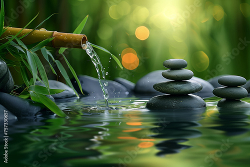 Spa still life with bamboo fountain and stones,bamboo spout,spa relax concept,Generative AI