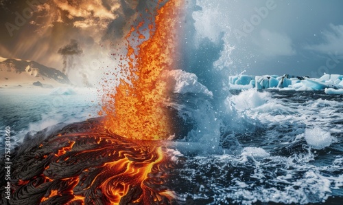 Lava flowing from a volcano on the one hand and icebergs drifting in cold waters on the other