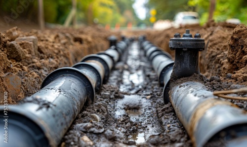 Pipes laid in the ground and demonstrating their ability to cope with the flow of water photo