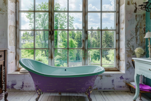 Vintage purple bathtub in the bathroom with large windows © pilipphoto