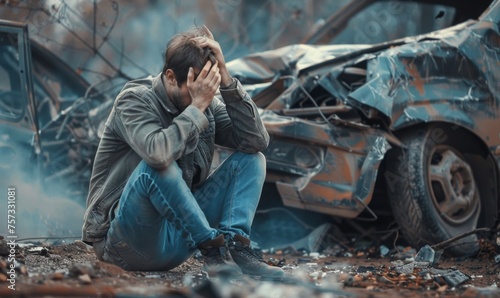 Man involved in an accident sits near a wrecked car, visibly upset and holding his head.