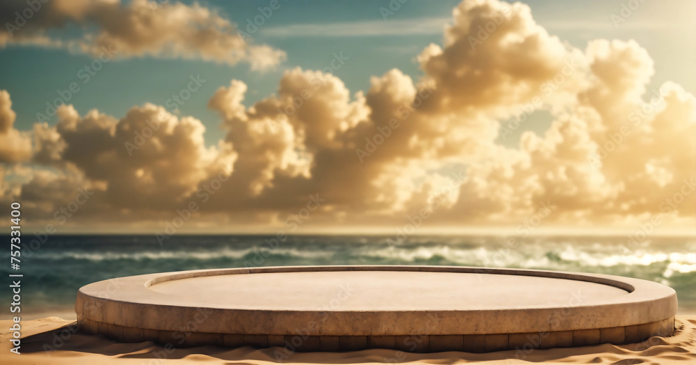 Outdoor wooden podium in sea beach, cloud and sand coast background. summer landscape atmosphere