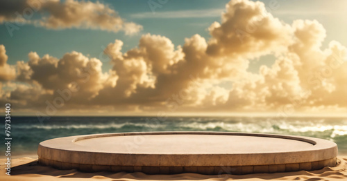 Outdoor wooden podium in sea beach  cloud and sand coast background. summer landscape atmosphere