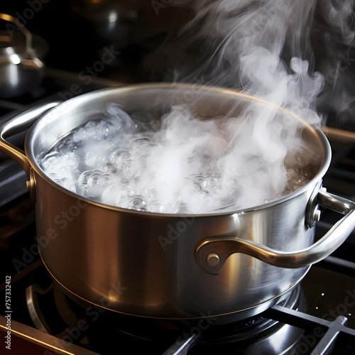 A close-up of a pot of boiling water with steam.