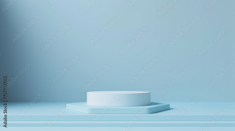 Obraz premium Minimalist geometric podium on a soothing blue background, mockup product template