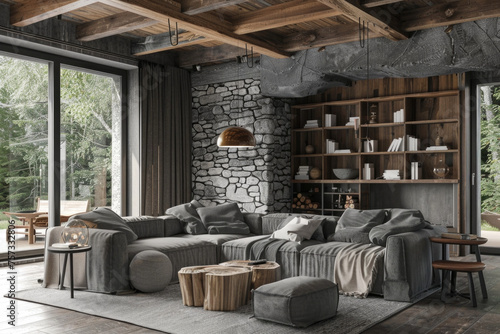 Rustic interior design of modern living room with grey sofas and wooden beams