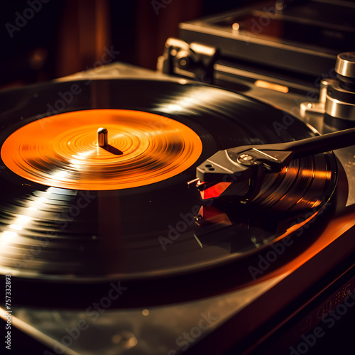 A close-up of a vinyl record spinning on a turntable