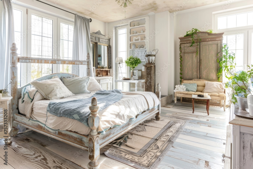 Vintage rustic bed with pillows in the bright bedroom with large windows 