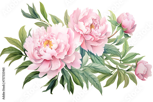 watercolor painting realistic Pink peony  branches and leaves on white background. Clipping path included.