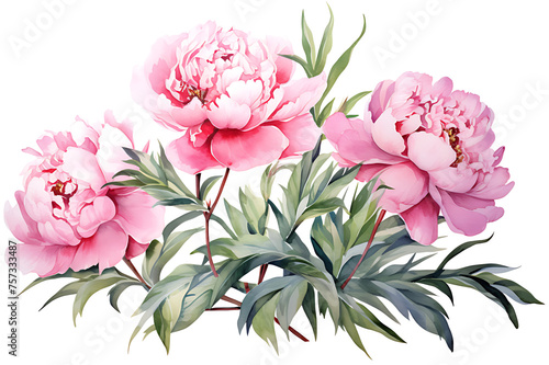 watercolor painting realistic Pink peony  branches and leaves on white background. Clipping path included.