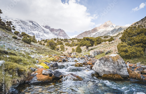 A small mountain river of clear water flows among vegetation and stones in the Fan Mountains in Tajikistan against the backdrop of rocky mountains and glaciers photo