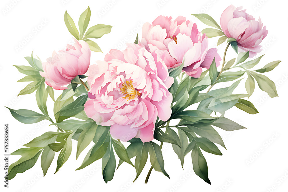 Obraz premium watercolor painting realistic Pink peony, branches and leaves on white background. Clipping path included.