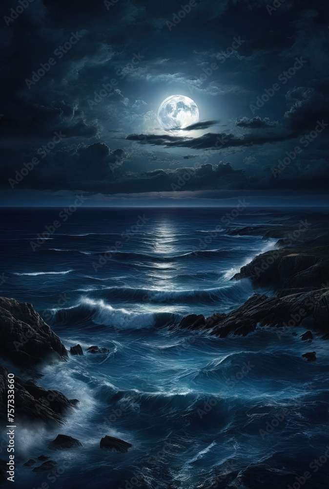 Full moon rising over empty ocean at night. Generated AI