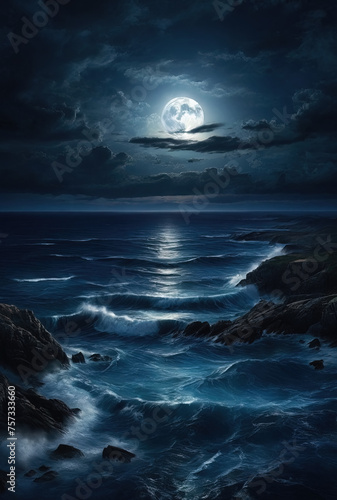 Full moon rising over empty ocean at night. Generated AI