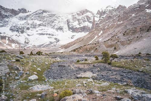 Mountain landscape of the Fan Mountains with rocks, stones and glaciers in Tajikistan, mountain panorama