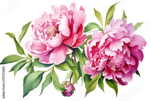 watercolor painting realistic Pink peony  branches and leaves on white background. Clipping path included.